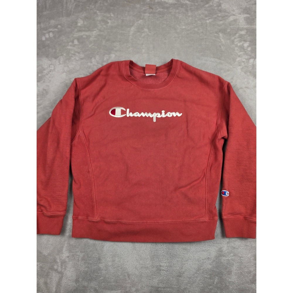 Champion Reverse Weave Sweatshirt Womens L Fit S Red Script Logo Pullover